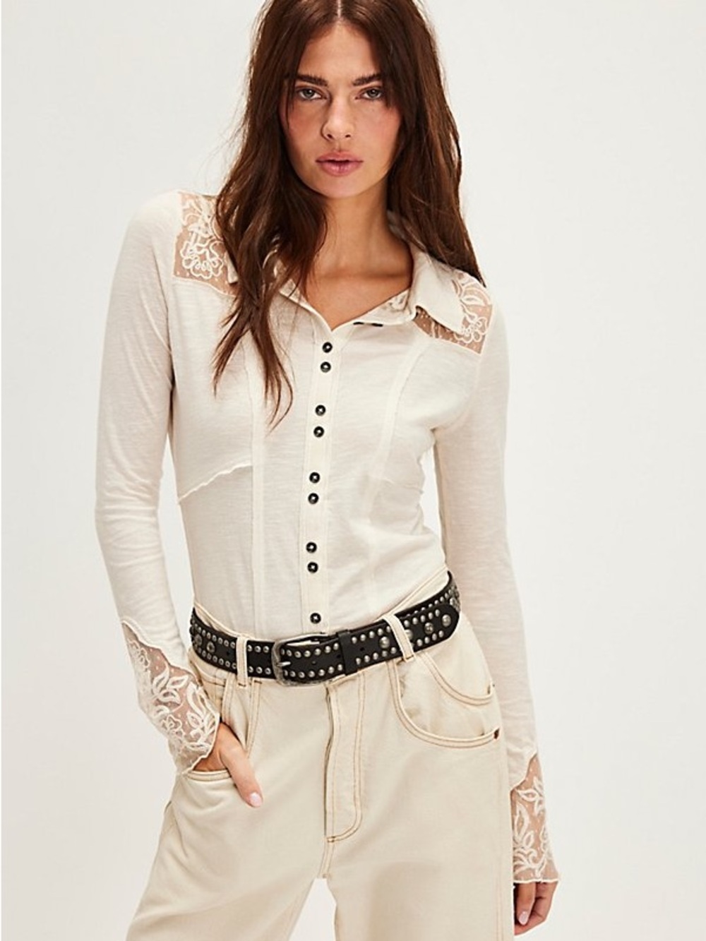 Free people Rosebud cuff Cream Lace-Trim Button Front Top